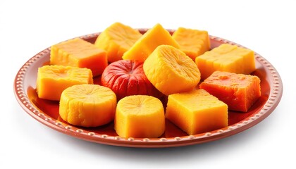 A plate of colorful desserts with yellow and red pieces on a white background close up view