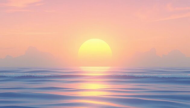 Fototapeta Serene sunset over calm ocean waves, soft pastel colors, minimalist anime style, serene, illustration