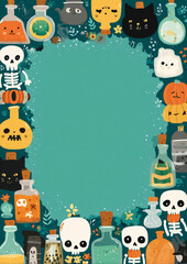 Fototapeta premium Cute Halloween Frame with Skeletons and Pumpkins