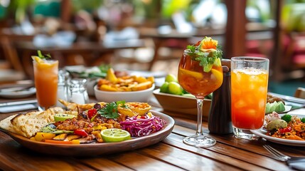 Table with plates full of various fresh food in cafe, freshly squeezed juices, eggs, fruits and sausages. Each bowl features various vegetables, herbs, and proteins.