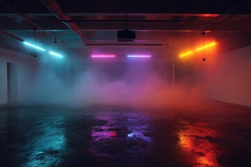 Neon-lit warehouse interior. Foggy, low-lit space with vibrant colored neon lights