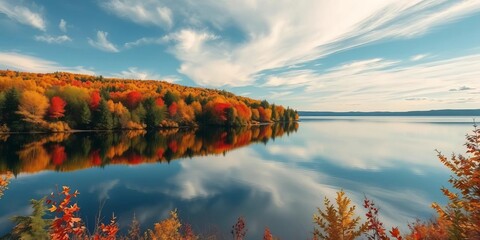 Vibrant fall foliage reflected in Duluth's St Louis Bay, Skyline Trail view,  fall colors,  Duluth