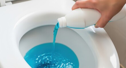 Hand pouring blue cleaner into a white toilet bowl for cleaning.
