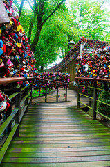 Colorful hearts on blur background.At Seoul Tower south korea.