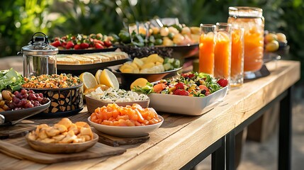 Table with plates full of various fresh food in cafe, freshly squeezed juices, eggs, fruits and sausages. Each bowl features various vegetables, herbs, and proteins.