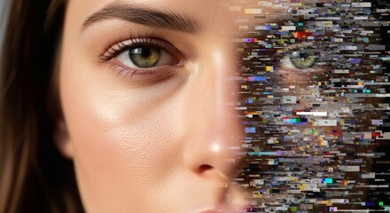 Digital duality: A face split between natural beauty and pixelated distortion, blurring the lines between reality and virtuality in artistic form.