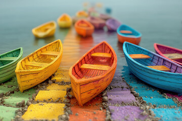 Obraz premium Vibrant Colorful Wooden Boats Lined Path Water Leading Lines Journey Choice Opportunity Future