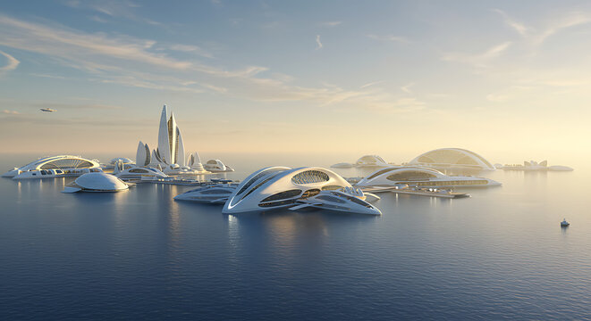 Futuristic floating city with sleek, modern architecture on a calm ocean at sunrise. - Powered by Adobe
