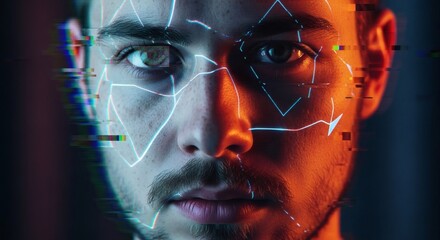 Close-up of a man's face with futuristic digital face mapping and glitching visual effects creating a cyberpunk-style portrait.