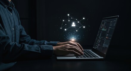 Dynamic professional networking data analysis on laptop, visualizing global connections and insights
