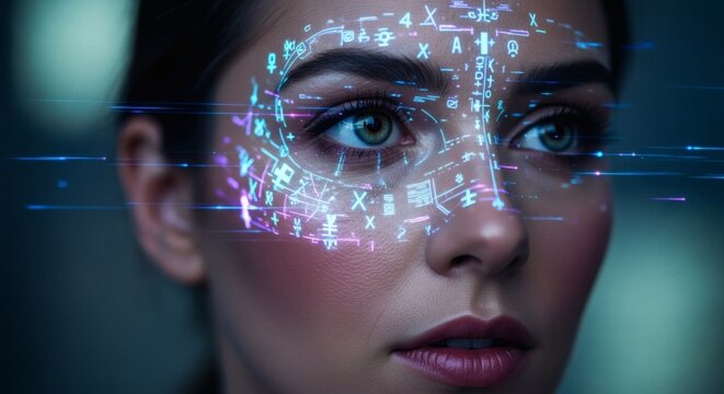 Portrait of a woman with abstract digital interface projections on her face, blending beauty with technological elements and conveying futuristic vibes.
