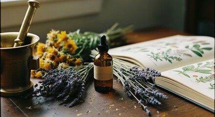 Apothecary still life with lavender, essential oil, and botanical book
