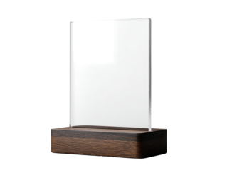 Clear acrylic award or display stand with a dark wooden base