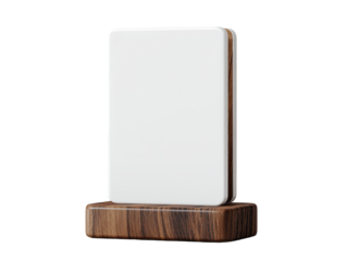 White rectangular plaque on a wooden base