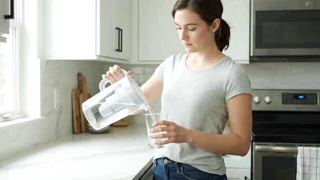 Woman pours water from a pitcher into a glass in a modern kitchen setting