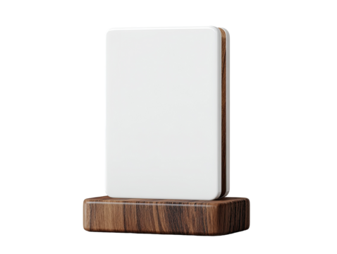 White rectangular plaque on a wooden base