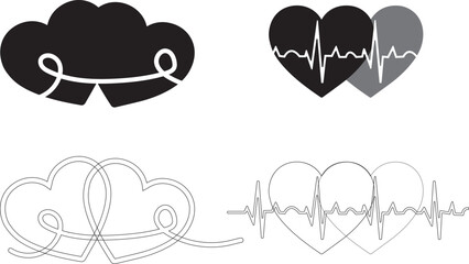 Fototapeta premium Romantic heart and heartbeat vector set – minimalist love line art with medical ECG symbols, abstract couple heart design for Valentine’s Day, wedding, healthcare, and relationship concepts.