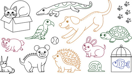 Fototapeta premium Adorable Pet Line Art Illustrations