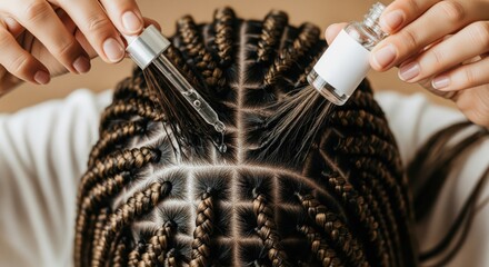 Woman applying hair growth serum to scalp with box braids hairstyle.