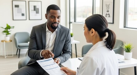 A man and a woman in a professional setting, discussing a document.