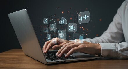 Dynamic professional analyzing digital data streams on laptop, showcasing modern technology and business insights