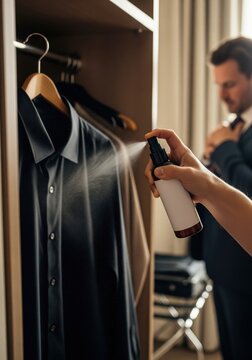 Person spraying fabric refresher on a black dress shirt in a closet