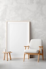 Large blank picture mockup against light grey wall in modern studio apartment