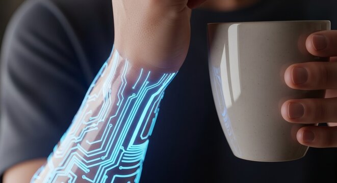 Person with advanced technology interface on arm, holding a mug, blending humanity with tech for a futuristic cybernetic integration concept.