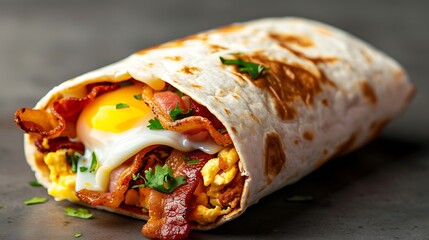 Hearty breakfast burrito with fried egg and bacon