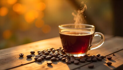 Instant coffee in a transparent glass cup on a rustic wooden table, scattered roasted coffee beans, warm morning light, autumn scene.