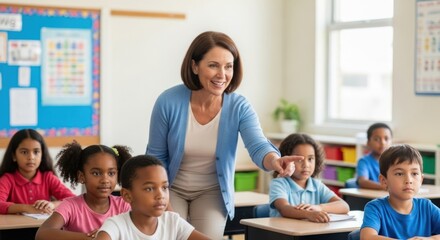 A teacher pointing at a student in a classroom.