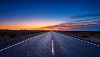 silhouette of a vast empty road stretching into the distance with the sky above transitioning from twilight to night