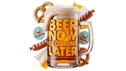 Oktoberfest beer glass with funny quote Beer Now Decisions Later, festive design with pretzels, sausages and flags