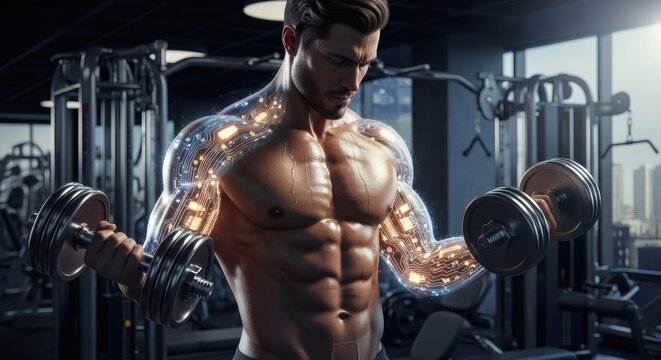 Futuristic athlete lifting weights with advanced cybernetic augmentations, exemplifying the fusion of fitness and technology in a modern gym setting.