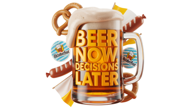 Oktoberfest beer glass with funny quote Beer Now Decisions Later, festive design with pretzels, sausages and flags - Powered by Adobe