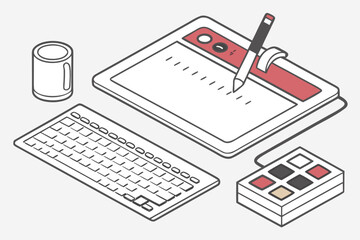 Flat 2D Digital Art Desk Setup with Drawing Tablet, Stylus, Color Palette, and Layers Panel for Graphic Designers, Digital Artists, and Creative Workspaces