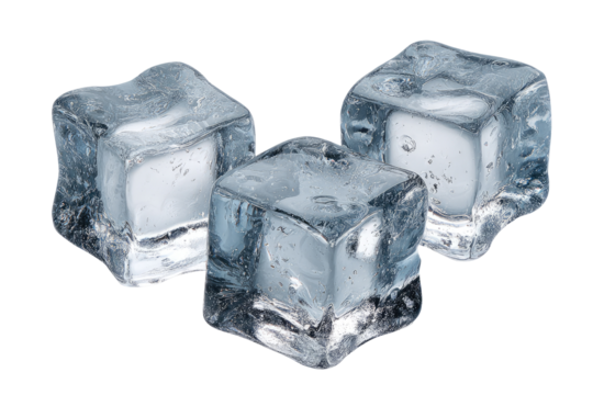 Three ice cubes, translucent and slightly frosted, are arranged in a loose group.  Clear, crisp, and angular, the cubes show subtle variations in light reflection, highlighting their glassy structure - Powered by Adobe