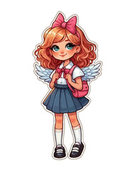 Illustration of school young pupil girl, kid with angel wings and backpack on isolated white