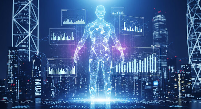 Futuristic digital human with data visualization in a city.