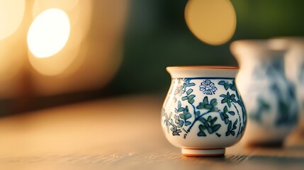 Close up of a decorative ceramic vase with blue floral patterns
