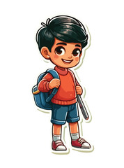 Illustration of school pupil boy, kid with backpack on isolated white back