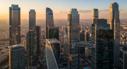 Obraz premium Aerial cityscape featuring skyscrapers reaching towards a bright sunset sky, showcasing modern urban architecture and helipad facilities. 