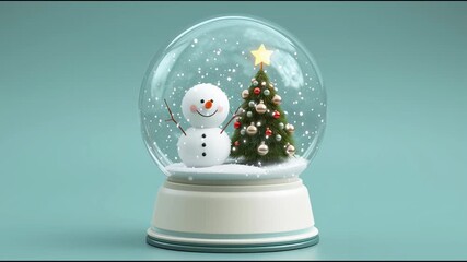 Realistic Snow Globe with Snowman and Christmas Tree under Falling Snow on Mint Background, Animated Holiday Decoration - Powered by Adobe
