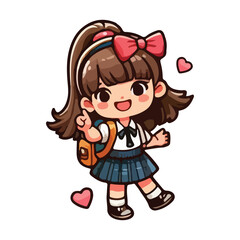 Illustration of school little pupil girl, kid with backpack on isolated white