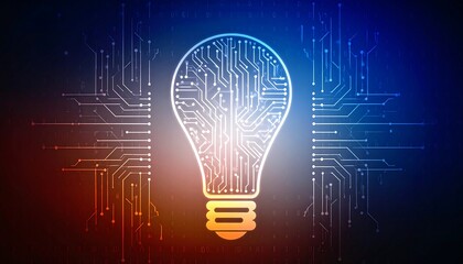 A stylized lightbulb design, interwoven with circuit board patterns, conveys a concept of innovative ideas and technological advancement.