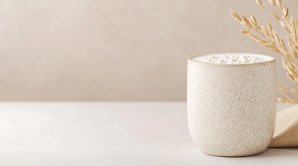 Minimalist ceramic cup with subtle speckles and dried grasses