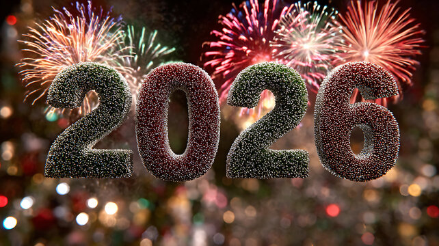 Sparkling glitter 2026 digits with blurred city background and vibrant holiday fireworks overlay