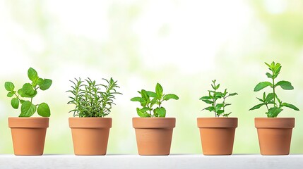 Obraz premium Five small terracotta pots with growing green plants lined up