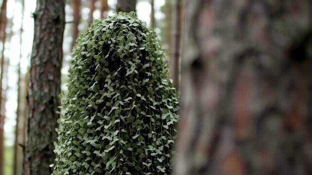 Concealed figure in ghillie suit blends seamlessly into a dense forest landscape enhancing