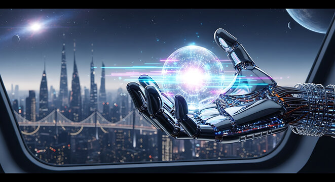 A futuristic robotic hand holds a glowing orb against a backdrop of a sprawling, illuminated cityscape at night.